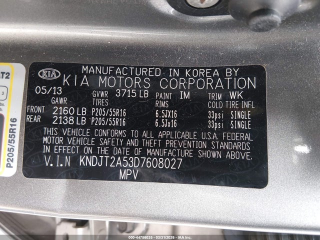 2013 Kia Soul მანქანა იყიდება აუქციონზე, vin: KNDJT2A53D7608027, აუქციონის ნომერი: 44756035