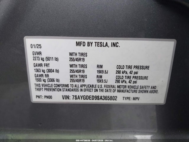 Aukcja sprzedaży 2025 Tesla Model Y Long Range Dual Motor Rear-wheel Drive, vin: 7SAYGDED9SA365802, numer aukcji: 44756036