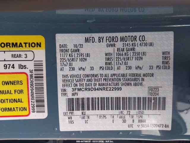 44756038 :رقم المزاد ، 3FMCR9D94NRE22999 vin ، 2022 Ford Bronco Sport Badlands مزاد بيع