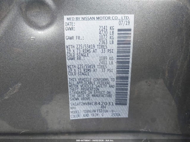 Aukcja sprzedaży 2019 Nissan Rogue Sl, vin: 5N1AT2MV8KC842031, numer aukcji: 44756041