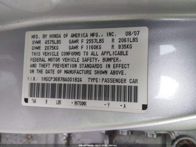 Aukcja sprzedaży 2008 Honda Accord 3.5 Ex-l, vin: 1HGCP36878A001824, numer aukcji: 44756048