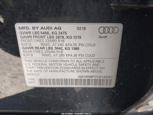 Aukcja sprzedaży 2018 Audi Q5 2.0t Premium/2.0t Tech Premium, vin: WA1BNAFY7J2134257, numer aukcji: 44756050
