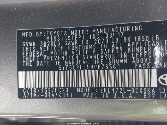 5YFBURHE5HP676561 Toyota COROLLA SE