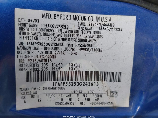 Продажа на аукционе авто 2003 Ford Taurus Se, vin: 1FAFP53253G243613, номер лота: 44756071