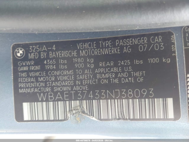 Продаж на аукціоні авто 2003 Bmw 325i, vin: WBAET37433NJ38093, номер лоту: 44756079