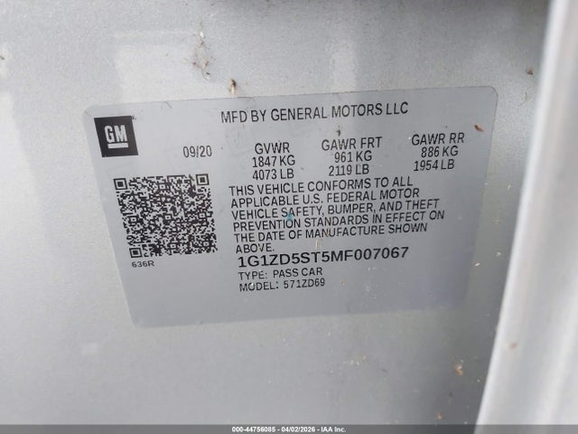Aukcja sprzedaży 2021 Chevrolet Malibu Fwd Lt, vin: 1G1ZD5ST5MF007067, numer aukcji: 44756085