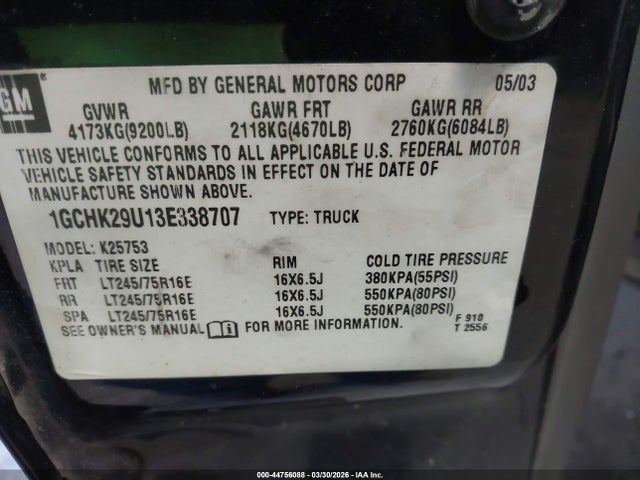 44756088 :رقم المزاد ، 1GCHK29U13E338707 vin ، 2003 Chevrolet Silverado 2500hd Ls مزاد بيع