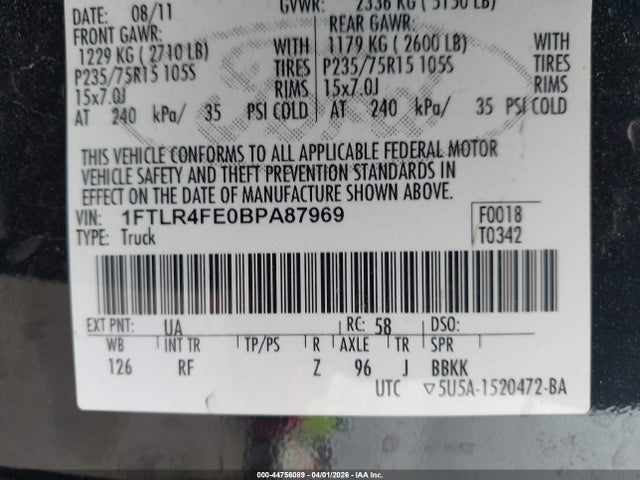 44756089 :رقم المزاد ، 1FTLR4FE0BPA87969 vin ، 2011 Ford Ranger Xlt مزاد بيع