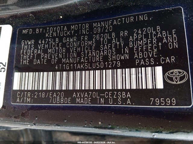 Продаж на аукціоні авто 2020 Toyota Camry Se, vin: 4T1G11AK5LU501279, номер лоту: 44756105