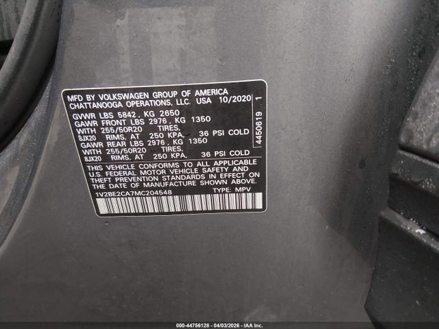 44756128 :رقم المزاد ، 1V2BE2CA7MC204548 vin ، 2021 Volkswagen Atlas Cross Sport 3.6l V6 Sel مزاد بيع