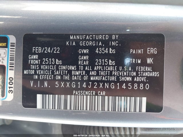 44756136 :رقم المزاد ، 5XXG14J2XNG145880 vin ، 2022 Kia K5 Lxs مزاد بيع