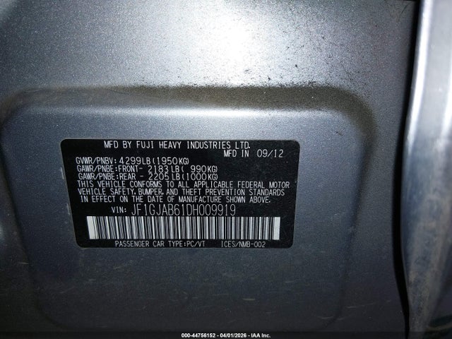 Продаж на аукціоні авто 2013 Subaru Impreza 2.0i Premium, vin: JF1GJAB61DH009919, номер лоту: 44756152