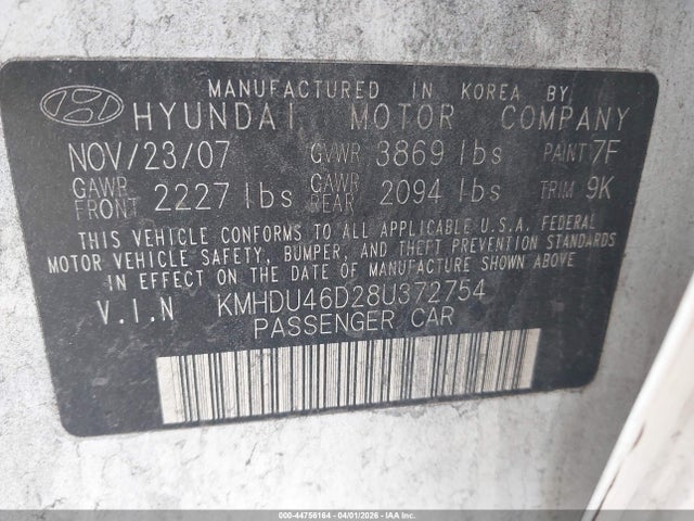 2008 HYUNDAI ELANTRA KMHDU46D28U372754 Photo 8