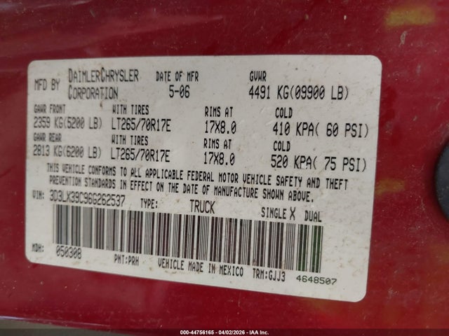 44756165 :رقم المزاد ، 3D3LX39C96G262537 vin ، 2006 Dodge Ram 3500 Laramie مزاد بيع