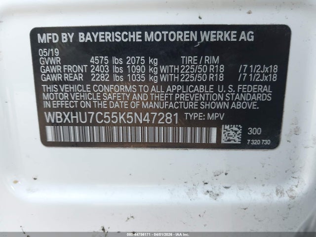 2019 Bmw X1 Sdrive28i მანქანა იყიდება აუქციონზე, vin: WBXHU7C55K5N47281, აუქციონის ნომერი: 44756171