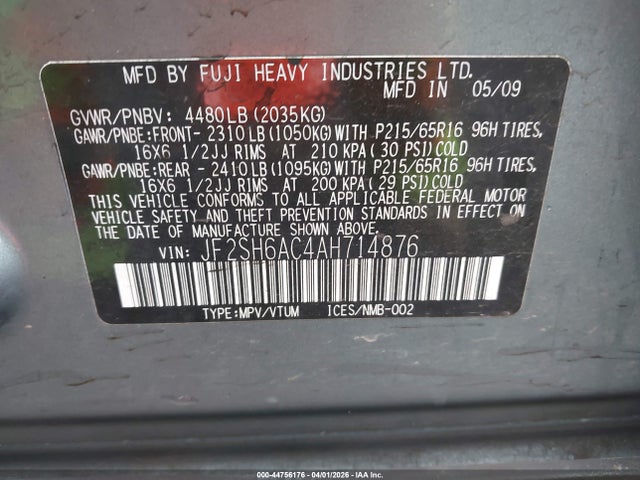 44756176 :رقم المزاد ، JF2SH6AC4AH714876 vin ، 2010 Subaru Forester 2.5x مزاد بيع