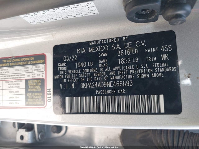 2022 Kia Rio Lx მანქანა იყიდება აუქციონზე, vin: 3KPA24AD9NE466693, აუქციონის ნომერი: 44756184