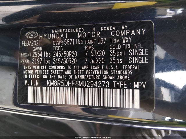 Aukcja sprzedaży 2021 Hyundai Palisade Limited, vin: KM8R5DHE8MU294273, numer aukcji: 44756186