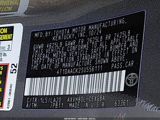 44756191 :رقم المزاد ، 4T1DAACK2SU556111 vin ، 2025 Toyota Camry Xle مزاد بيع