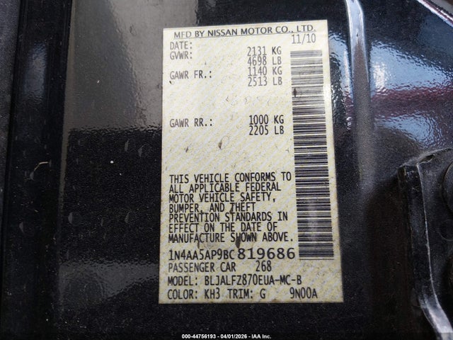Продажа на аукционе авто 2011 Nissan Maxima 3.5 Sv, vin: 1N4AA5AP9BC819686, номер лота: 44756193