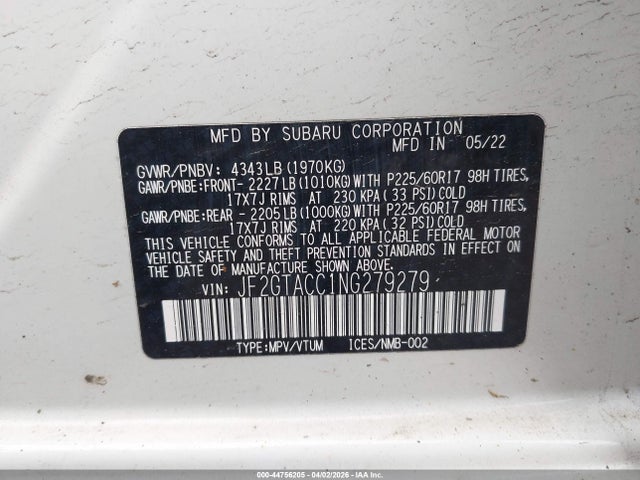 Aukcja sprzedaży 2022 Subaru Crosstrek Premium, vin: JF2GTACC1NG279279, numer aukcji: 44756205