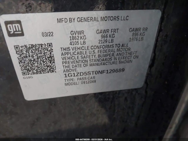 Aukcja sprzedaży 2022 Chevrolet Malibu Fwd Lt, vin: 1G1ZD5ST0NF129689, numer aukcji: 44756209