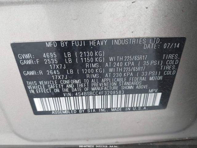 Aukcja sprzedaży 2015 Subaru Outback 2.5i Premium, vin: 4S4BSBCC4F3208583, numer aukcji: 44756235