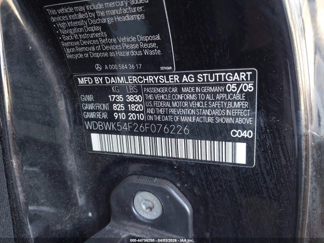 2006 Mercedes-benz Slk 280 მანქანა იყიდება აუქციონზე, vin: WDBWK54F26F076226, აუქციონის ნომერი: 44756250
