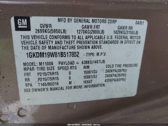 Aukcja sprzedaży 2001 Gmc Safari Sle, vin: 1GKDM19W81B517852, numer aukcji: 44756252