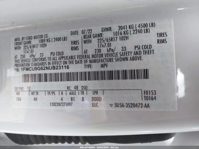 Продаж на аукціоні авто 2022 Ford Escape Se, vin: 1FMCU9G62NUB23116, номер лоту: 44756264