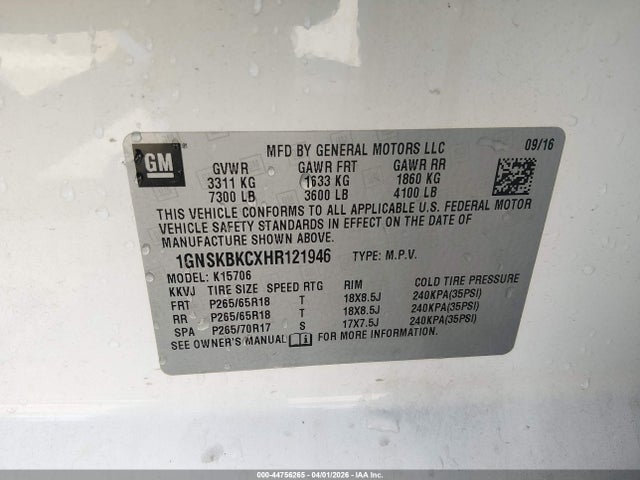 Aukcja sprzedaży 2017 Chevrolet Tahoe Lt, vin: 1GNSKBKCXHR121946, numer aukcji: 44756265