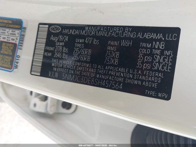 44756271 :رقم المزاد ، 5NMJC3DE8SH457564 vin ، 2025 Hyundai Tucson Sel Convenience مزاد بيع