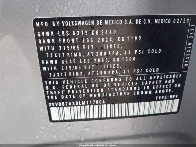 Aukcja sprzedaży 2020 Volkswagen Tiguan 2.0t S, vin: 3VV0B7AX8LM117004, numer aukcji: 44756276