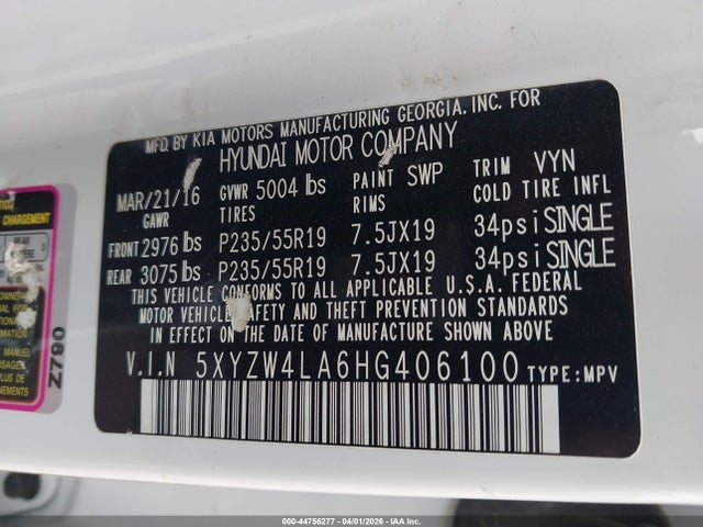 44756277 :رقم المزاد ، 5XYZW4LA6HG406100 vin ، 2017 Hyundai Santa Fe Sport 2.0t Ultimate مزاد بيع