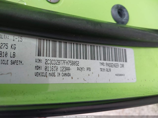 44756284 :رقم المزاد ، 2C3CDZBT7FH758052 vin ، 2015 Dodge Challenger R/t Plus مزاد بيع