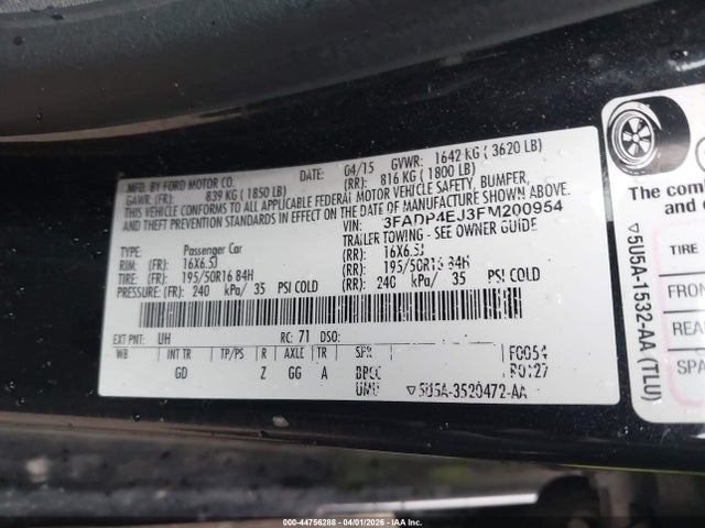44756288 :رقم المزاد ، 3FADP4EJ3FM200954 vin ، 2015 Ford Fiesta Se مزاد بيع