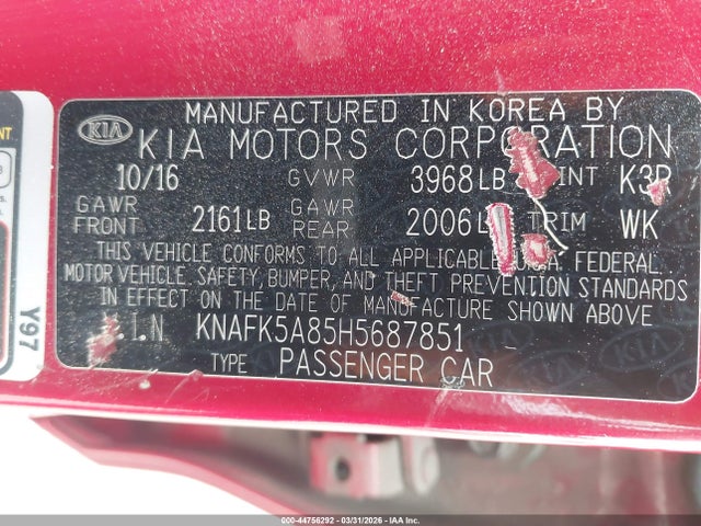 KNAFK5A85H5687851 KIA FORTE LX