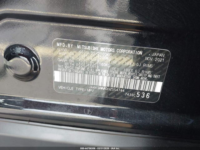 Продаж на аукціоні авто 2022 Mitsubishi Eclipse Cross Se/se Special Edition/sel/sel Special Edition, vin: JA4ASWAA0NZ054744, номер лоту: 44756306