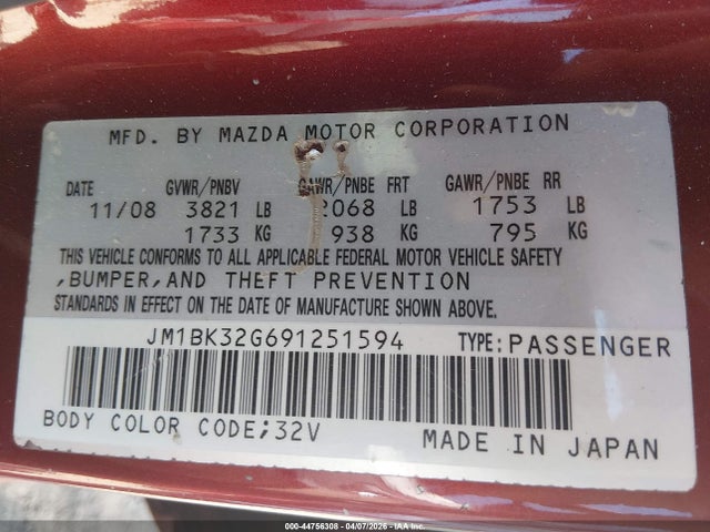 44756308 :رقم المزاد ، JM1BK32G691251594 vin ، 2009 Mazda Mazda3 I Sport مزاد بيع