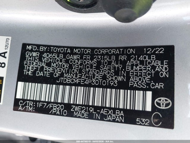 JTDBCMFE4P3010193 Toyota Corolla Hybrid Le