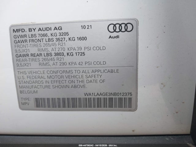 Продажа на аукционе авто 2022 Audi E-tron Premium Plus Quattro, vin: WA1LAAGE3NB012375, номер лота: 44756342