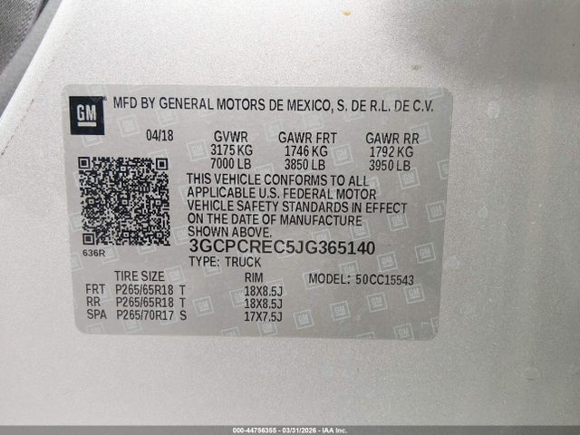 44756355 :رقم المزاد ، 3GCPCREC5JG365140 vin ، 2018 Chevrolet Silverado 1500 1lt مزاد بيع