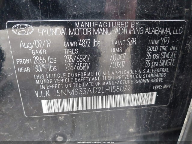 Aukcja sprzedaży 2020 Hyundai Santa Fe Sel, vin: 5NMS33AD2LH158072, numer aukcji: 44756368