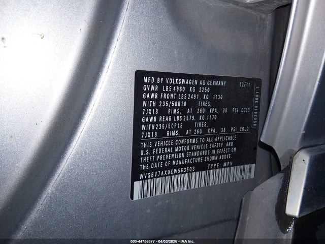 Продаж на аукціоні авто 2012 Volkswagen Tiguan Se, vin: WVGBV7AX0CW553503, номер лоту: 44756377