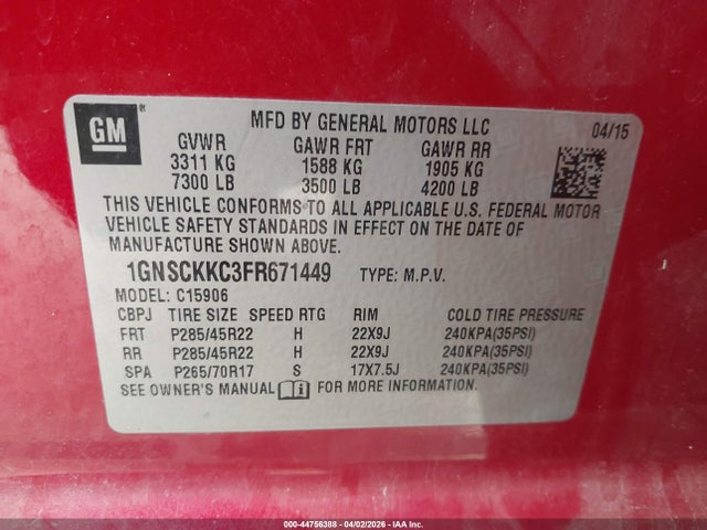 1GNSCKKC3FR671449 Chevrolet Suburban 1500 Ltz