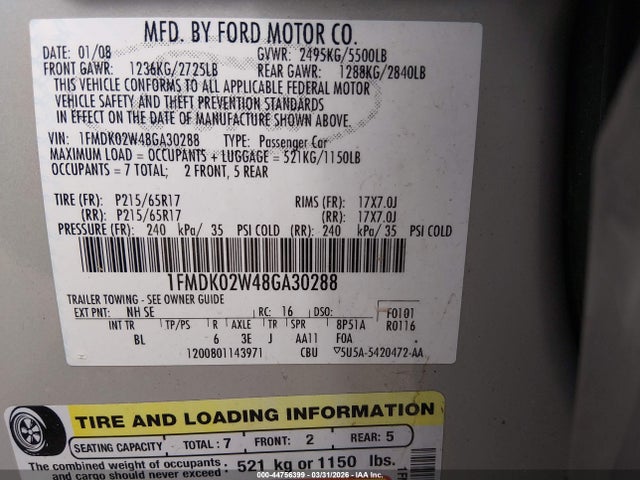 Продажа на аукционе авто 2008 Ford Taurus X Sel, vin: 1FMDK02W48GA30288, номер лота: 44756399