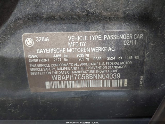 Aukcja sprzedaży 2011 Bmw 328i, vin: WBAPH7G58BNN04039, numer aukcji: 44756406