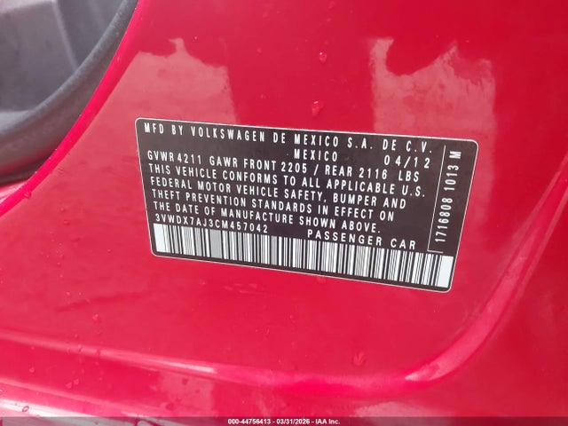 44756413 :رقم المزاد ، 3VWDX7AJ3CM457042 vin ، 2012 Volkswagen Jetta 2.5l Se مزاد بيع