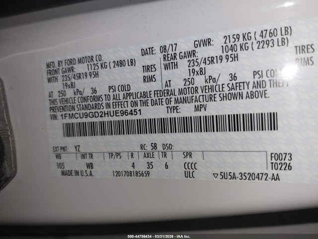 Продажа на аукционе авто 2017 Ford Escape Se, vin: 1FMCU9GD2HUE96451, номер лота: 44756434