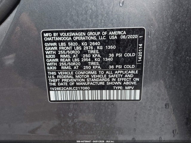 Продаж на аукціоні авто 2020 Volkswagen Atlas Cross Sport 3.6l V6 Se W/technology/3.6l V6 Se W/technology R-line, vin: 1V26E2CA9LC217060, номер лоту: 44756447